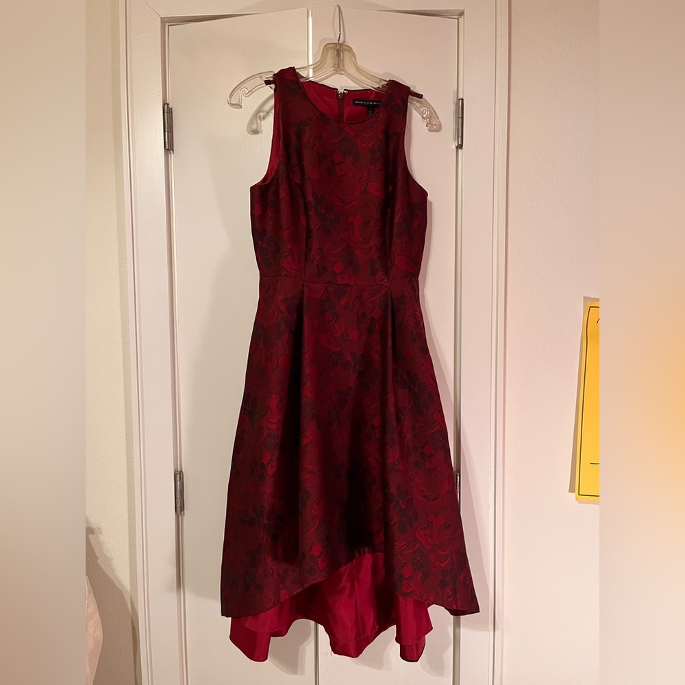 White House Black Market high-low burgundy brocade cocktail dress